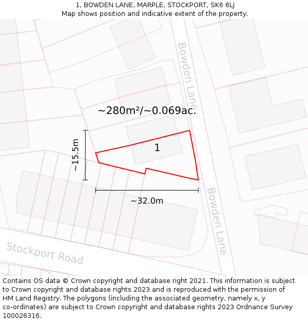 1, BOWDEN LANE, MARPLE, STOCKPORT, SK6 6LJ: Plot and title map