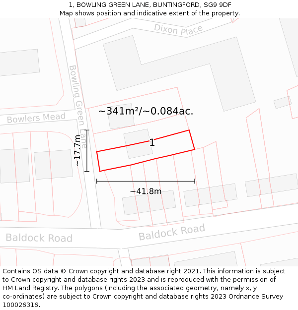 1, BOWLING GREEN LANE, BUNTINGFORD, SG9 9DF: Plot and title map