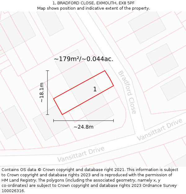 1, BRADFORD CLOSE, EXMOUTH, EX8 5PF: Plot and title map