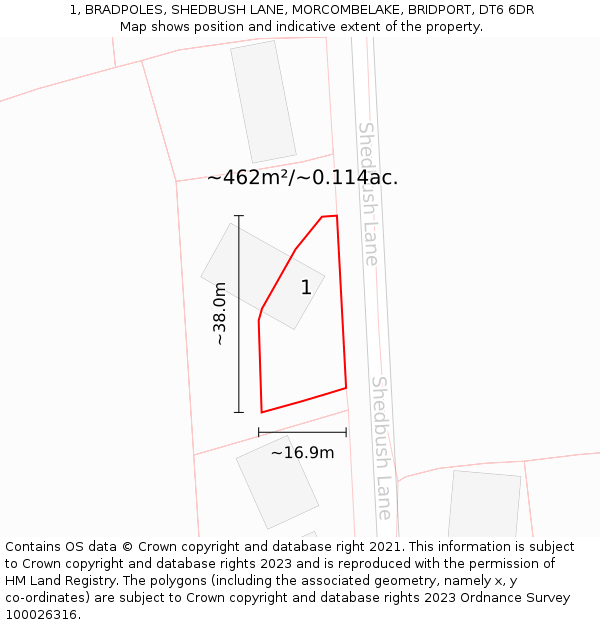 1, BRADPOLES, SHEDBUSH LANE, MORCOMBELAKE, BRIDPORT, DT6 6DR: Plot and title map