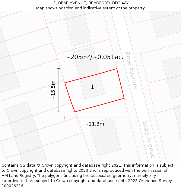 1, BRAE AVENUE, BRADFORD, BD2 4AY: Plot and title map