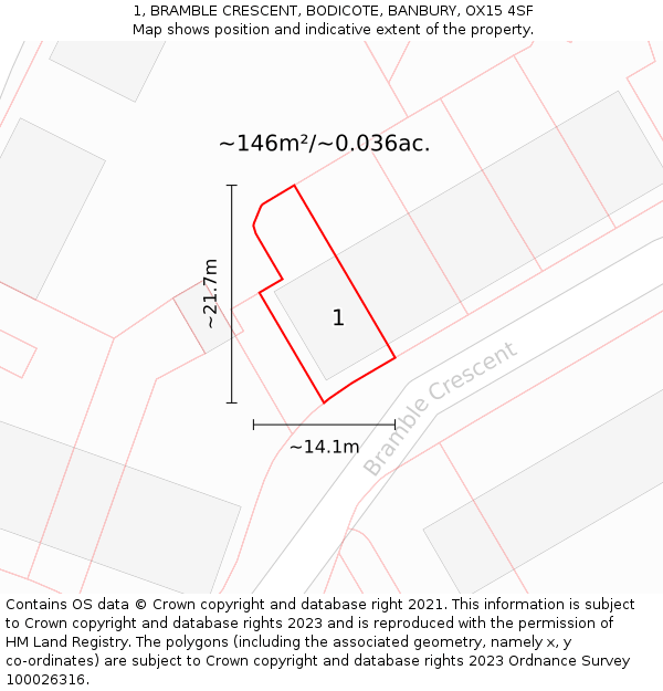 1, BRAMBLE CRESCENT, BODICOTE, BANBURY, OX15 4SF: Plot and title map