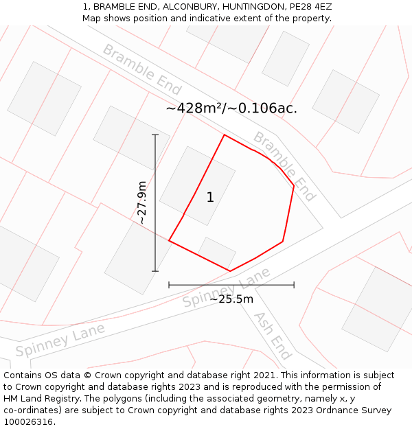 1, BRAMBLE END, ALCONBURY, HUNTINGDON, PE28 4EZ: Plot and title map