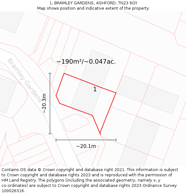 1, BRAMLEY GARDENS, ASHFORD, TN23 6GY: Plot and title map