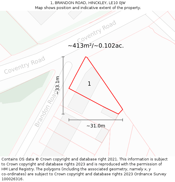 1, BRANDON ROAD, HINCKLEY, LE10 0JW: Plot and title map