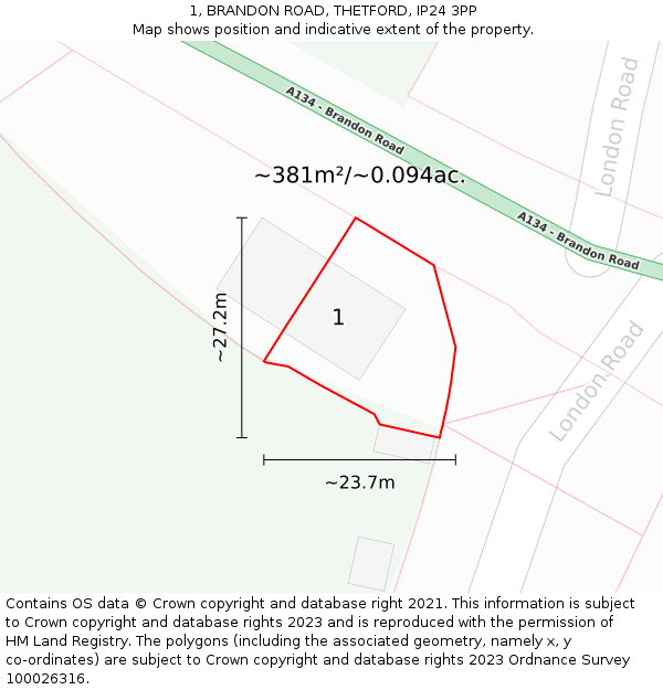 1, BRANDON ROAD, THETFORD, IP24 3PP: Plot and title map