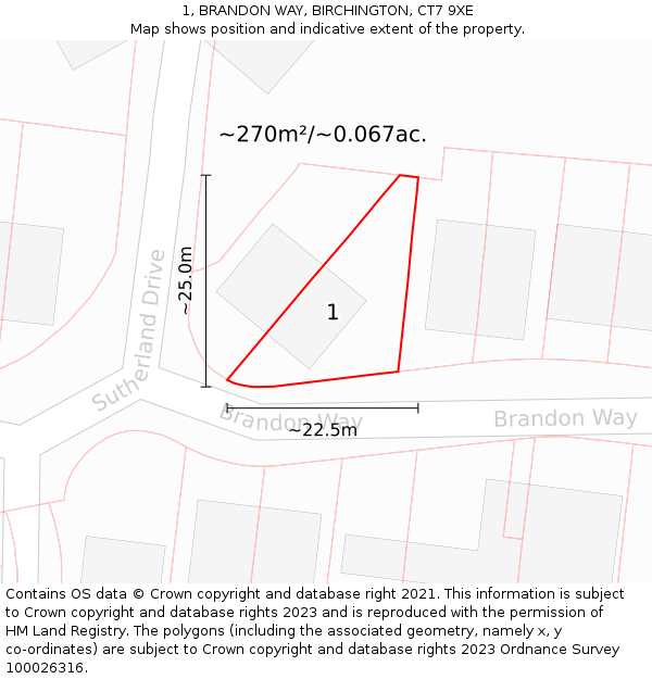 1, BRANDON WAY, BIRCHINGTON, CT7 9XE: Plot and title map