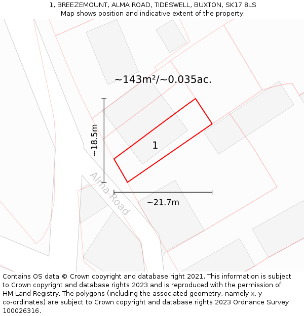 1, BREEZEMOUNT, ALMA ROAD, TIDESWELL, BUXTON, SK17 8LS: Plot and title map