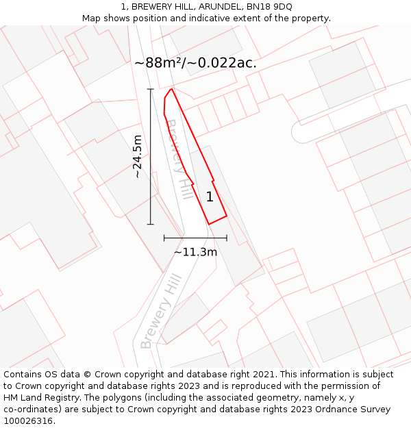 1, BREWERY HILL, ARUNDEL, BN18 9DQ: Plot and title map