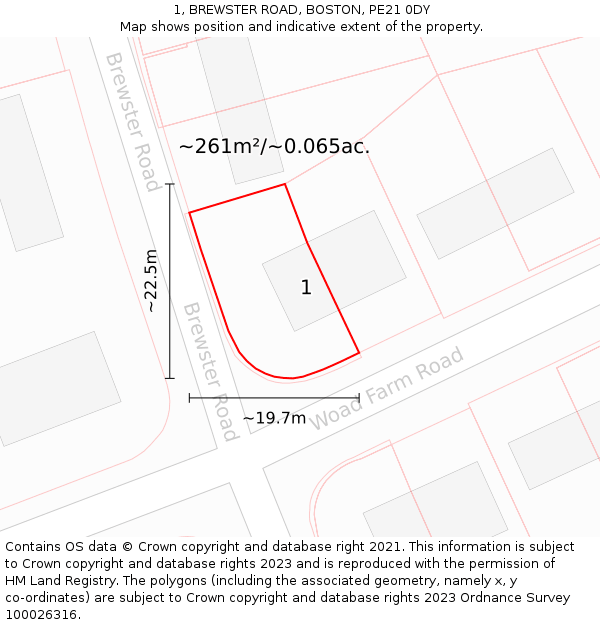 1, BREWSTER ROAD, BOSTON, PE21 0DY: Plot and title map