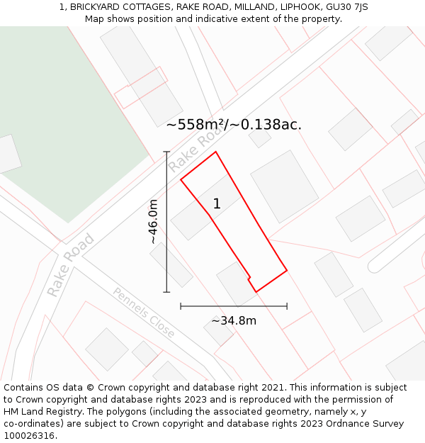 1, BRICKYARD COTTAGES, RAKE ROAD, MILLAND, LIPHOOK, GU30 7JS: Plot and title map