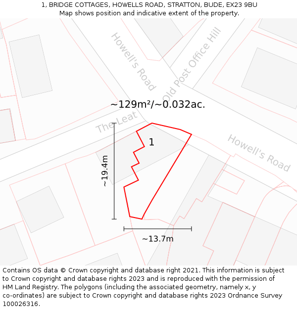 1, BRIDGE COTTAGES, HOWELLS ROAD, STRATTON, BUDE, EX23 9BU: Plot and title map