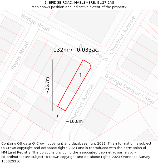 1, BRIDGE ROAD, HASLEMERE, GU27 2AS: Plot and title map