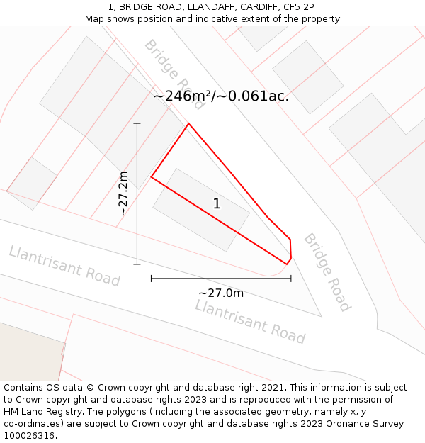 1, BRIDGE ROAD, LLANDAFF, CARDIFF, CF5 2PT: Plot and title map