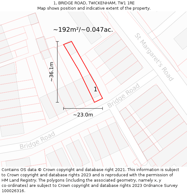 1, BRIDGE ROAD, TWICKENHAM, TW1 1RE: Plot and title map