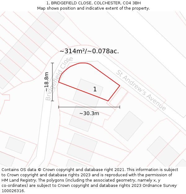 1, BRIDGEFIELD CLOSE, COLCHESTER, CO4 3BH: Plot and title map