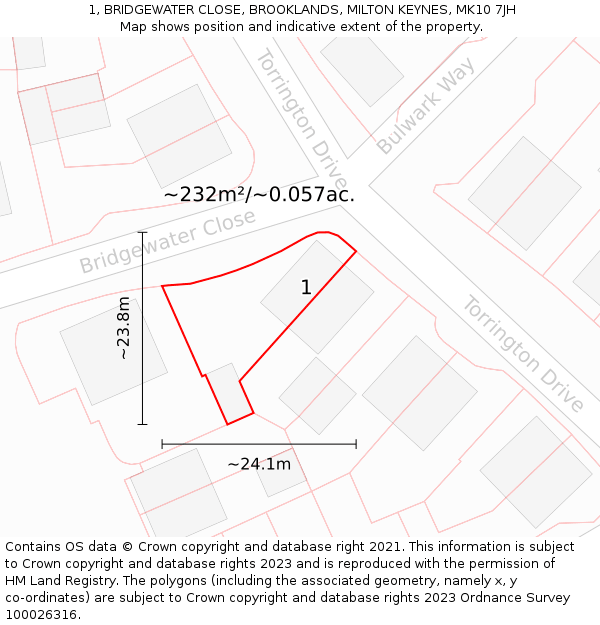 1, BRIDGEWATER CLOSE, BROOKLANDS, MILTON KEYNES, MK10 7JH: Plot and title map