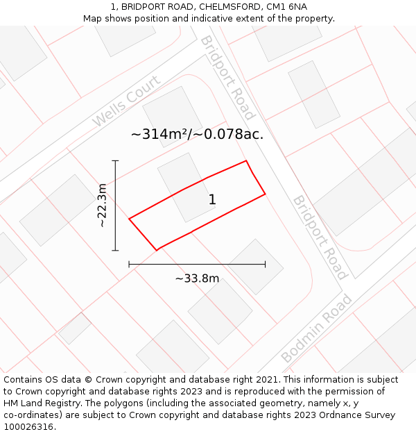 1, BRIDPORT ROAD, CHELMSFORD, CM1 6NA: Plot and title map