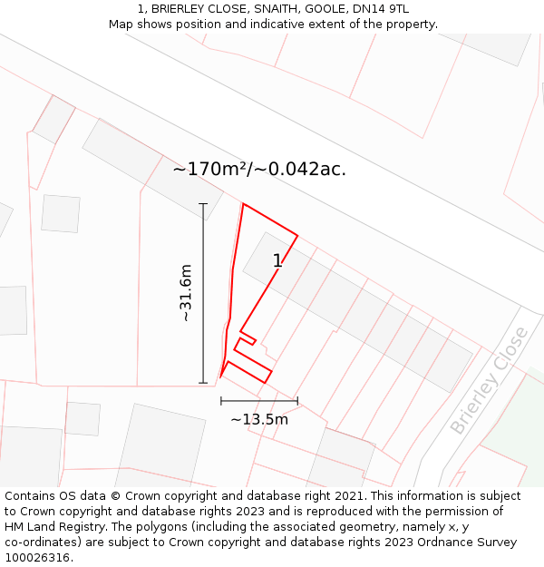 1, BRIERLEY CLOSE, SNAITH, GOOLE, DN14 9TL: Plot and title map