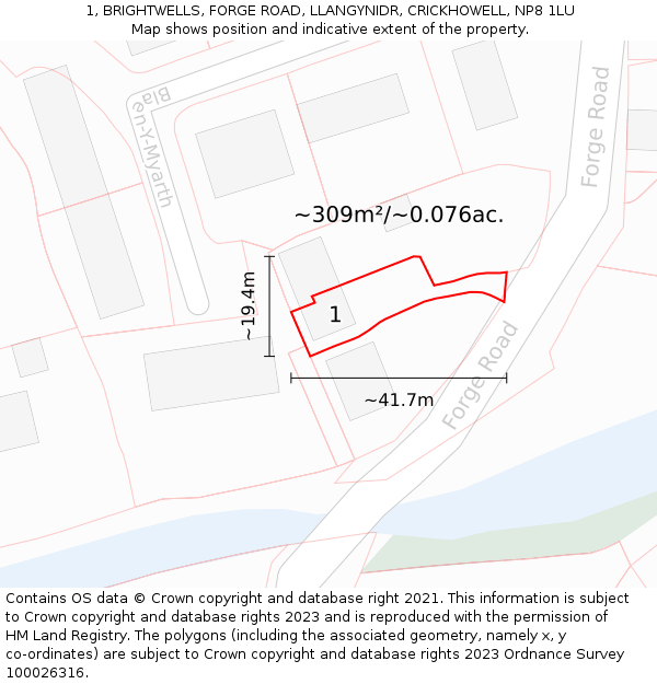 1, BRIGHTWELLS, FORGE ROAD, LLANGYNIDR, CRICKHOWELL, NP8 1LU: Plot and title map