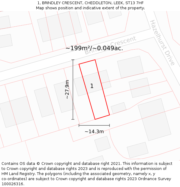 1, BRINDLEY CRESCENT, CHEDDLETON, LEEK, ST13 7HF: Plot and title map