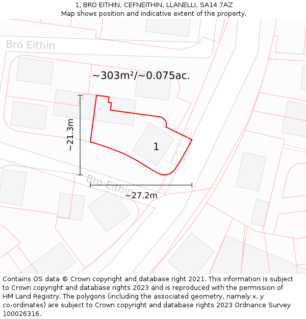 1, BRO EITHIN, CEFNEITHIN, LLANELLI, SA14 7AZ: Plot and title map