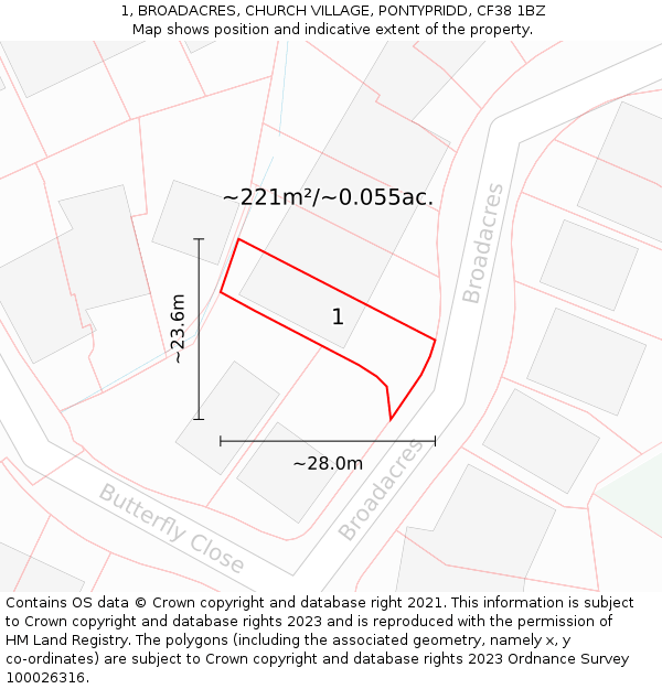 1, BROADACRES, CHURCH VILLAGE, PONTYPRIDD, CF38 1BZ: Plot and title map