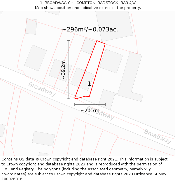 1, BROADWAY, CHILCOMPTON, RADSTOCK, BA3 4JW: Plot and title map