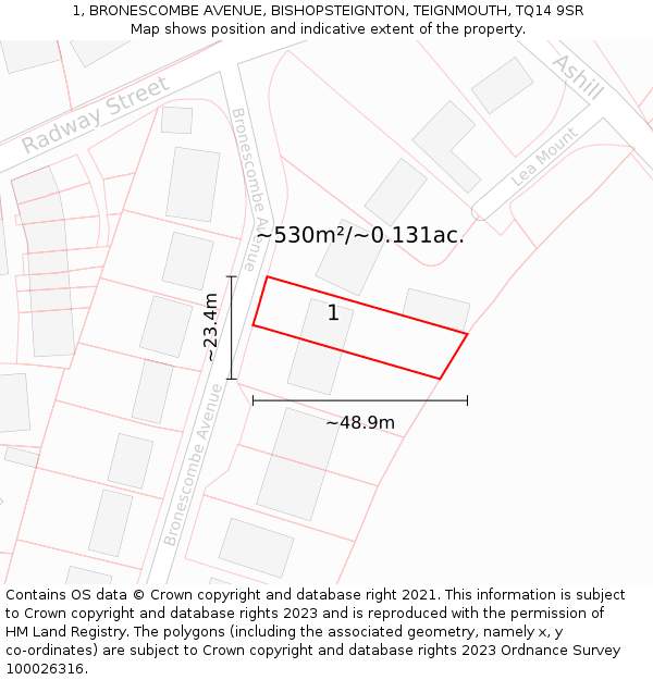 1, BRONESCOMBE AVENUE, BISHOPSTEIGNTON, TEIGNMOUTH, TQ14 9SR: Plot and title map