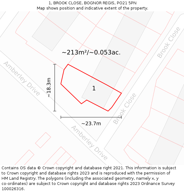 1, BROOK CLOSE, BOGNOR REGIS, PO21 5PN: Plot and title map