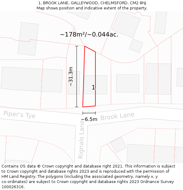 1, BROOK LANE, GALLEYWOOD, CHELMSFORD, CM2 8NJ: Plot and title map