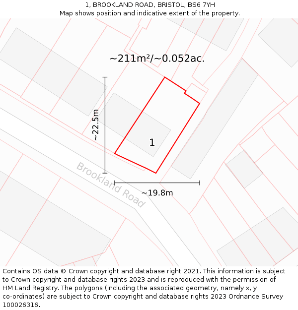 1, BROOKLAND ROAD, BRISTOL, BS6 7YH: Plot and title map