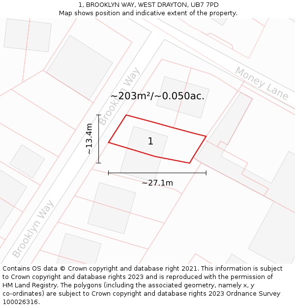 1, BROOKLYN WAY, WEST DRAYTON, UB7 7PD: Plot and title map