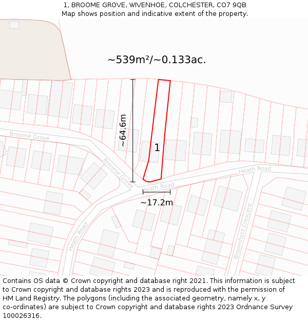 1, BROOME GROVE, WIVENHOE, COLCHESTER, CO7 9QB: Plot and title map