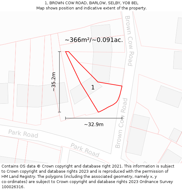 1, BROWN COW ROAD, BARLOW, SELBY, YO8 8EL: Plot and title map