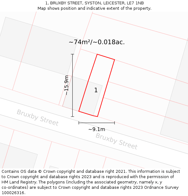 1, BRUXBY STREET, SYSTON, LEICESTER, LE7 1NB: Plot and title map