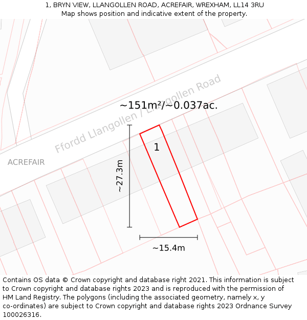 1, BRYN VIEW, LLANGOLLEN ROAD, ACREFAIR, WREXHAM, LL14 3RU: Plot and title map