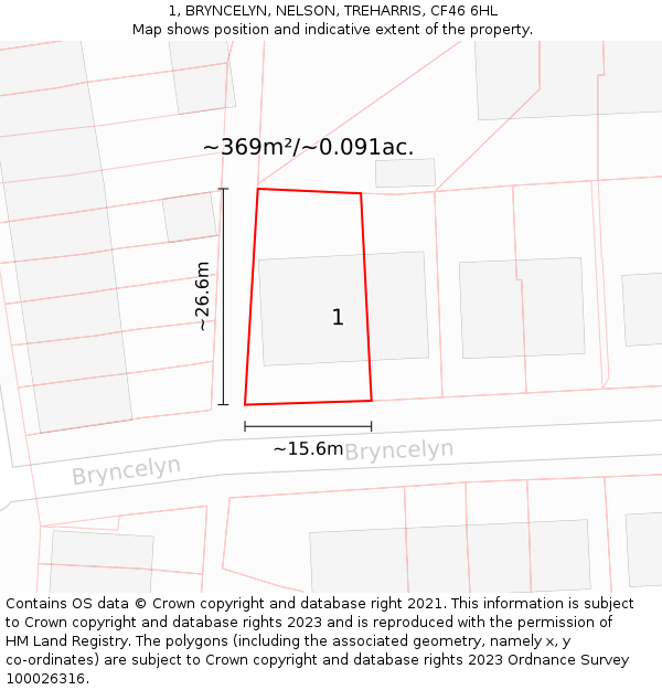 1, BRYNCELYN, NELSON, TREHARRIS, CF46 6HL: Plot and title map