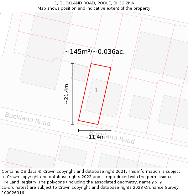 1, BUCKLAND ROAD, POOLE, BH12 2NA: Plot and title map