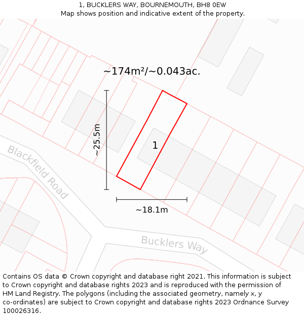 1, BUCKLERS WAY, BOURNEMOUTH, BH8 0EW: Plot and title map