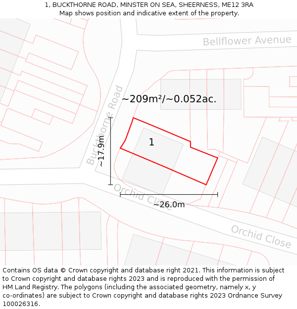 1, BUCKTHORNE ROAD, MINSTER ON SEA, SHEERNESS, ME12 3RA: Plot and title map