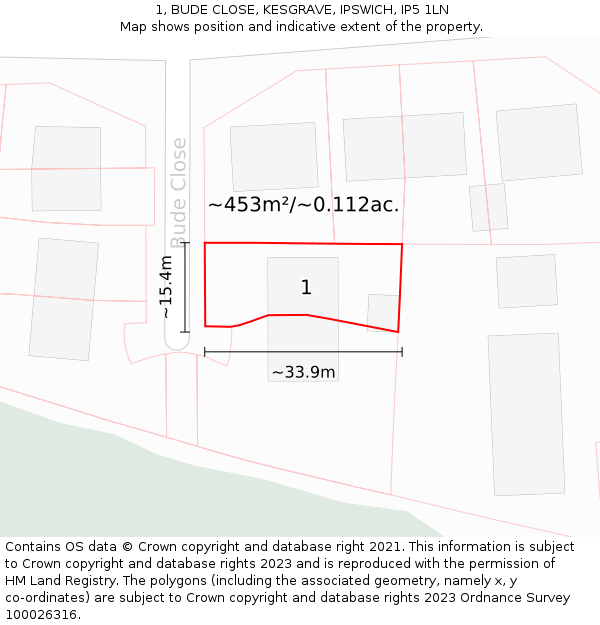 1, BUDE CLOSE, KESGRAVE, IPSWICH, IP5 1LN: Plot and title map