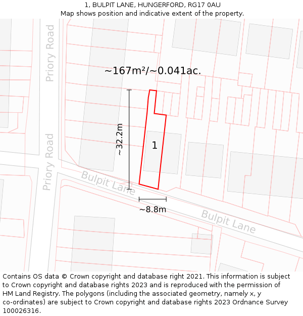 1, BULPIT LANE, HUNGERFORD, RG17 0AU: Plot and title map