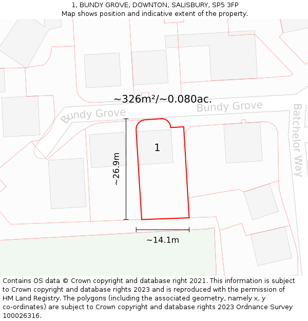 1, BUNDY GROVE, DOWNTON, SALISBURY, SP5 3FP: Plot and title map