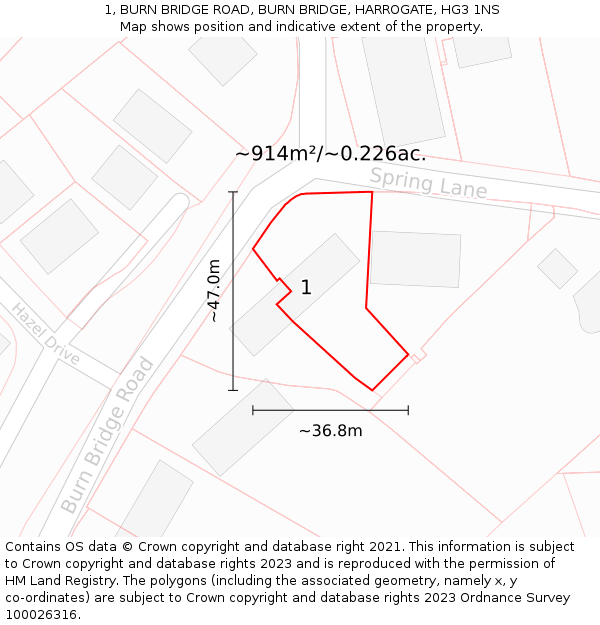 1, BURN BRIDGE ROAD, BURN BRIDGE, HARROGATE, HG3 1NS: Plot and title map