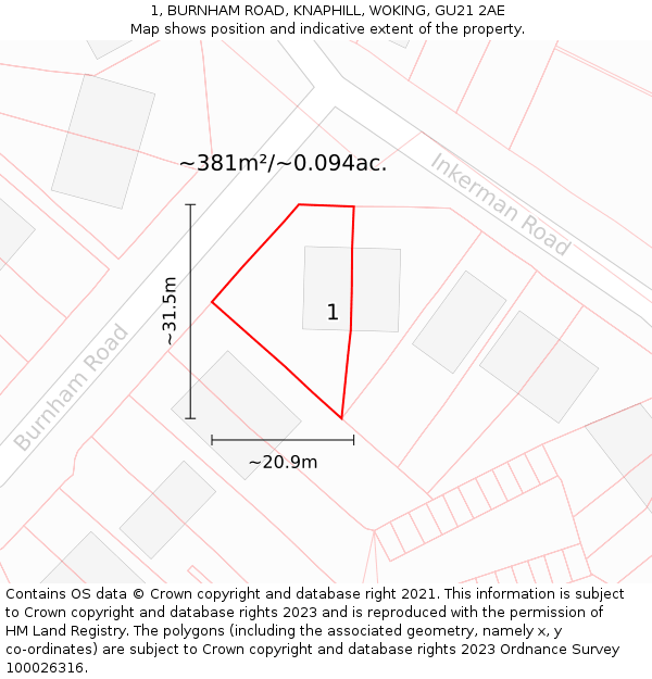 1, BURNHAM ROAD, KNAPHILL, WOKING, GU21 2AE: Plot and title map