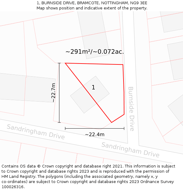 1, BURNSIDE DRIVE, BRAMCOTE, NOTTINGHAM, NG9 3EE: Plot and title map