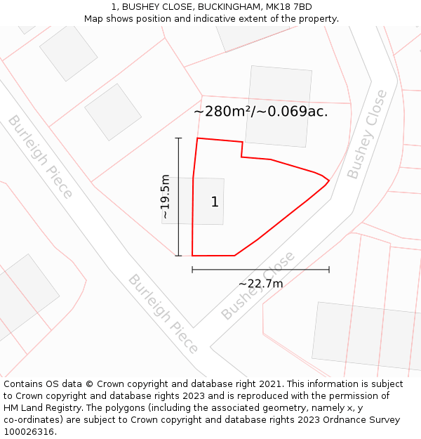 1, BUSHEY CLOSE, BUCKINGHAM, MK18 7BD: Plot and title map