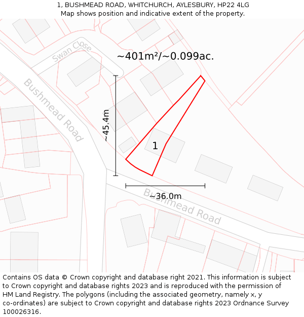 1, BUSHMEAD ROAD, WHITCHURCH, AYLESBURY, HP22 4LG: Plot and title map