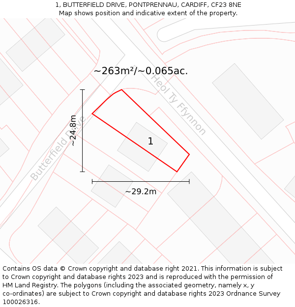 1, BUTTERFIELD DRIVE, PONTPRENNAU, CARDIFF, CF23 8NE: Plot and title map